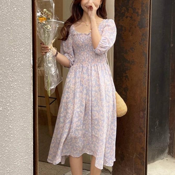 Jual Midi Dress Square Neck Floral 