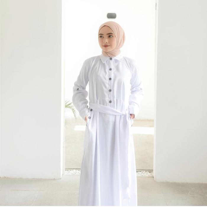 Gambar new yuri dress pita dan kancing depan ukuran L - White, L dari bajumuslimmurah official undefined Tokopedia