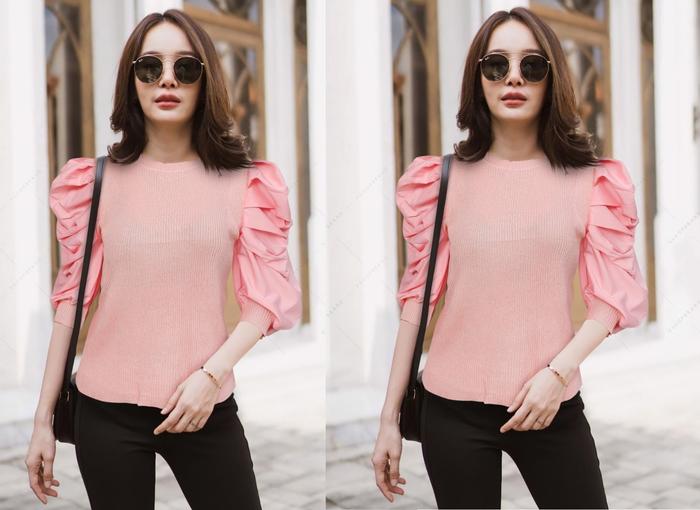 Gambar Atasan Blouse Wanita Lengan Puff Fashion Wanita Korea Bahan Rajut Knit - Merah Muda dari LooWear undefined Tokopedia