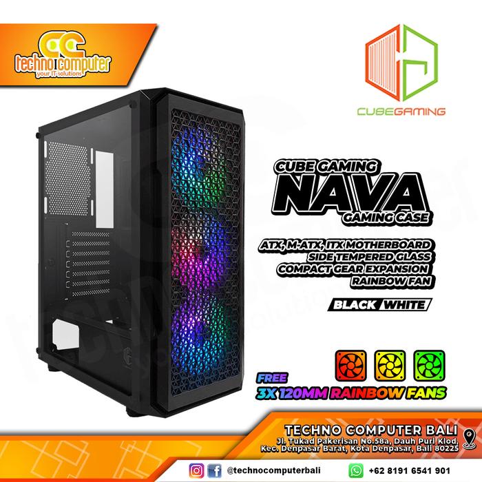 Gambar CASING CUBE GAMING NAVA - ATX MOTHERBOARD FREE 3X RAINBOW FAN - Hitam dari Techno Computer Bali undefined Tokopedia