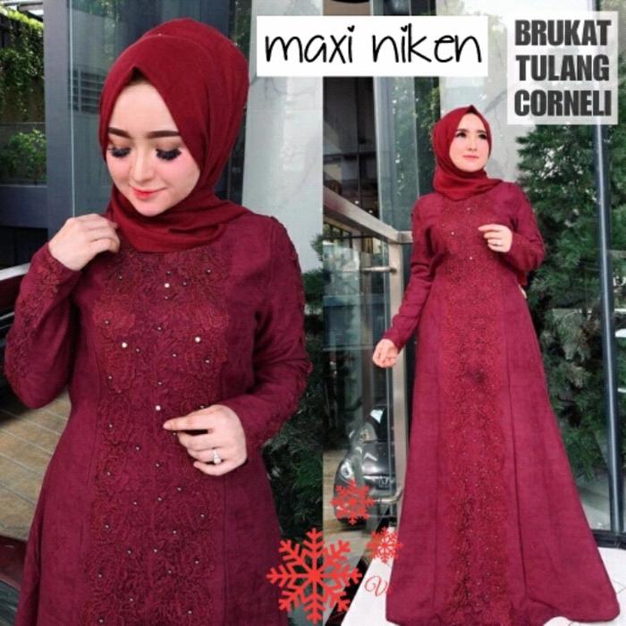 Gambar Gamis Brukat Brokat Kombinasi Maxy Dress Wanita Muslim Modern - Maron, L dari Barbie Shopie undefined Tokopedia