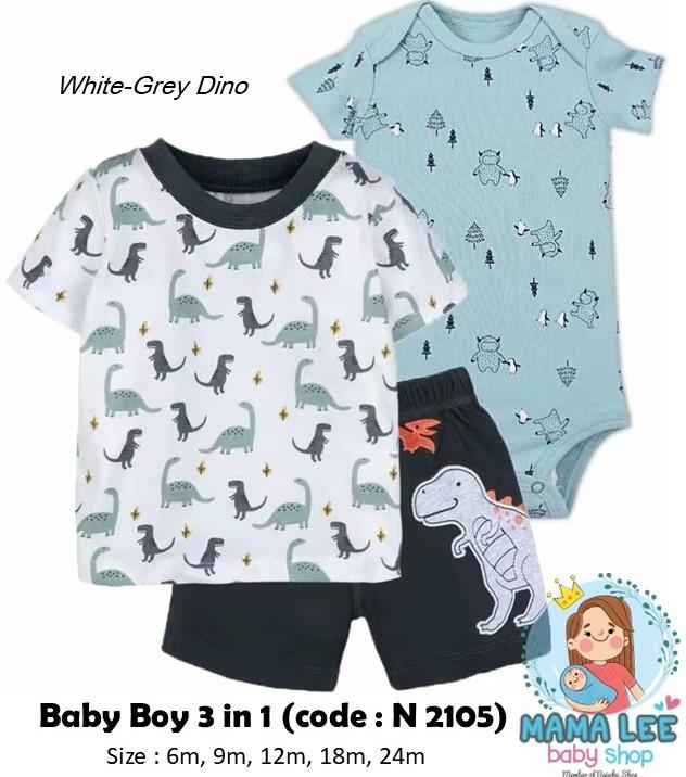 Gambar BABY BOY SET IMPORT 3 IN 1 N2105 / JUMPER BAYI LAKI LAKI - White Gray Dino, 6 Bulan dari Bajuku Shop Jakarta undefined Tokopedia