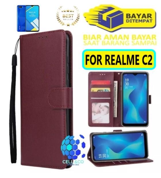 Flip Cover REALME C2 Premium Leather Wallet Casing hp Flip Case Kesing  Marun