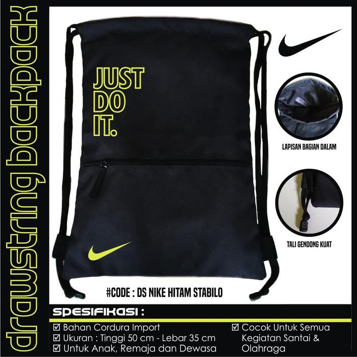 Gambar TAS OLAHRAGA SERUT DRAWSTRING GYMSACK DRAWSTRING NIKE JUST DO IT HITAM - HITAM HIJAU dari SOBRECO undefined Tokopedia