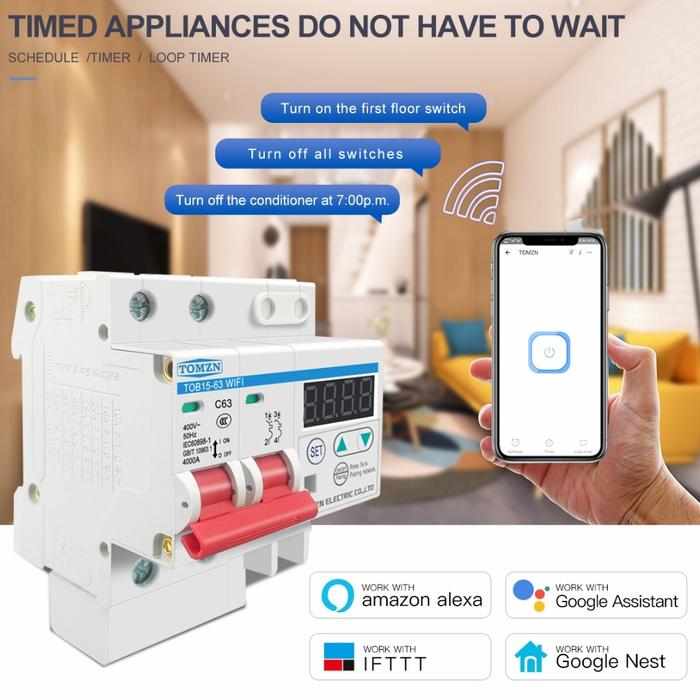 Smart MCB 2P wifi AC 63A Over under protector current timer Monitoring