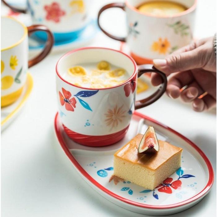 Gambar Flower Breakfast Ceramic Bowl & Mug / Set Tray Piring Gelas Keramik - Merah dari mode shop online store undefined Tokopedia