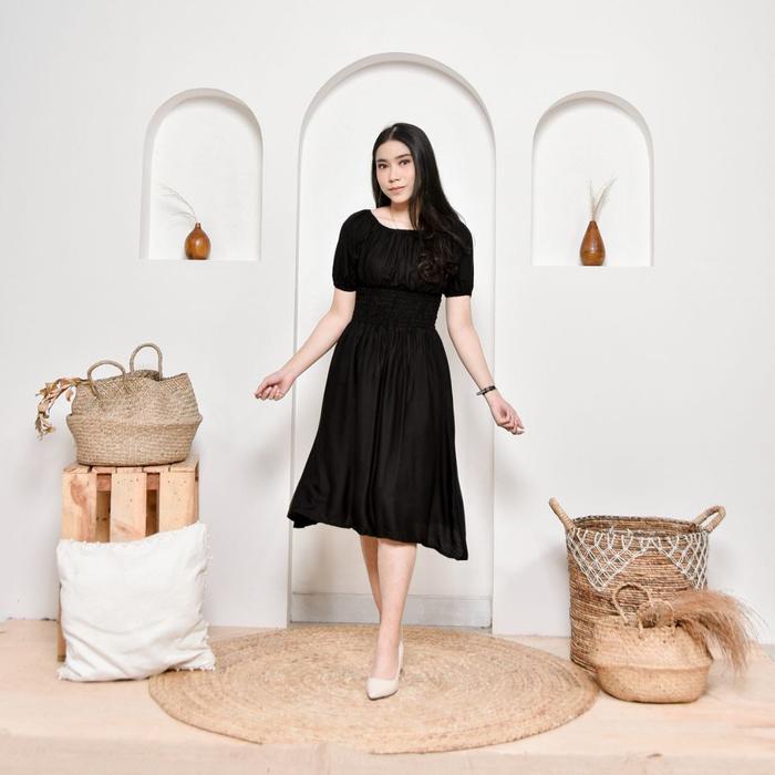 Gambar Dress Wanita Kerut kekinian Bali, Dress wanita polos, Leher V COD (DK0 - Hitam dari Souvenir bali grosir undefined Tokopedia