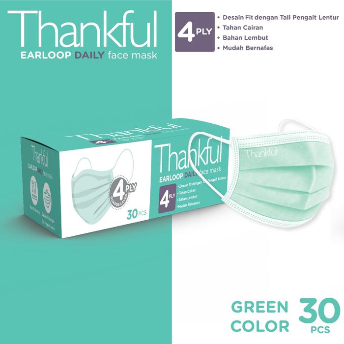 Gambar THANKFUL 4 - Lapis Earloop Daily Face Mask Adult - Box isi 30 pcs - Hijau, All Size dari Thankful Official Store undefined Tokopedia