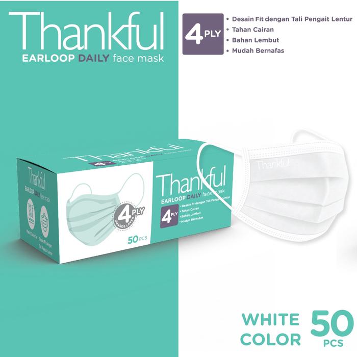 Gambar THANKFUL 4 - Lapis Earloop Daily Face Mask Adult - Box isi 50 pcs - Putih, All Size dari Thankful Official Store undefined Tokopedia