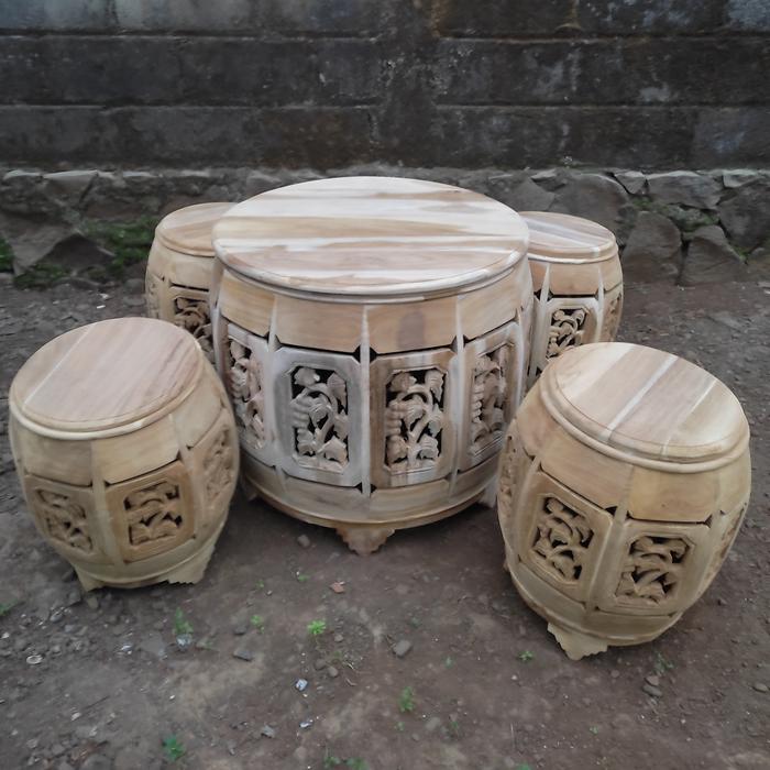 Gambar SET KURSI TERAS TAMU KENDANG UNIK BAHAN KAYU JATI 4 KURSI TERAS + MEJA - mentah/unfinish dari village.mart undefined Tokopedia