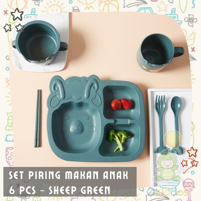 Gambar Set Piring Makan Anak Karakter Hewan Lucu isi 6 Pcs Alat Makan Anak - Sheep Green, Tanpa Kardus dari Okiddos Shop undefined Tokopedia