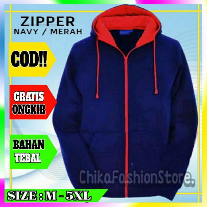 Gambar JAKET SWEATER HOODIE JUMBO HOODI PRIA WANITA S M L XL 2XL 3XL 4XL 5XL - NAVY / MERAH, M dari fashion store chica undefined Tokopedia