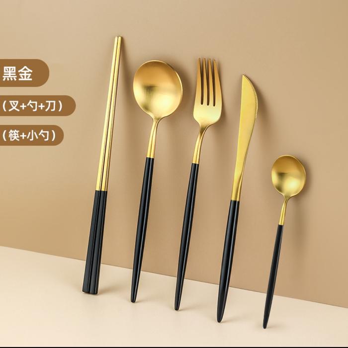 Gambar Alat Set Makan Sendok Korea Cantik Mewah Stainless Garpu Sumpit Sendok - Hitam, sendok makan dari luckyshupp undefined Tokopedia