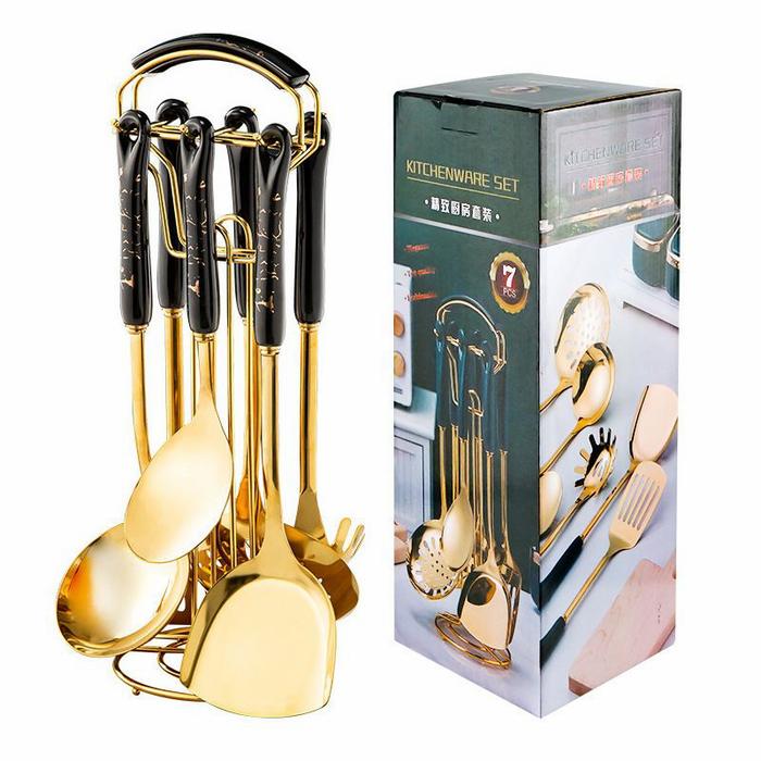 Gambar KITCHENWARE isi 7pc / SUTIL STAINLESS STEELL / SUTIL GOLD / SPATULA - BLACK MARBLE dari Toko 767_NEW undefined Tokopedia