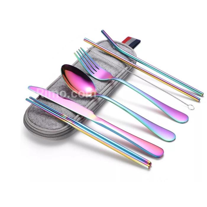 Gambar Sendok Garpu Pisau Sumpit Sedotan Stainless Steel Alat Makan Full Set - Rainbow dari nRimo undefined Tokopedia