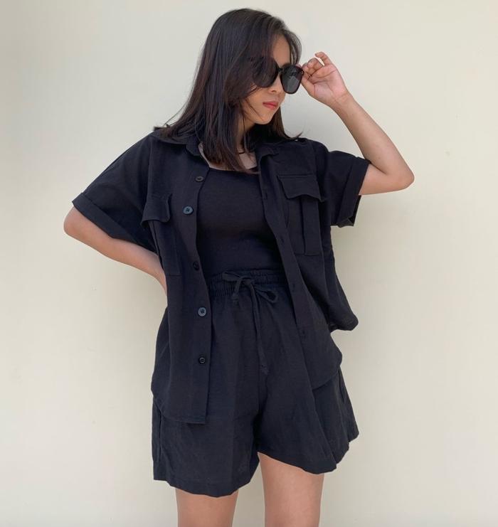 Gambar kemeja setelan linen wanita fashion 01 - Hitam dari YANSUN2 MARC FASHION undefined Tokopedia