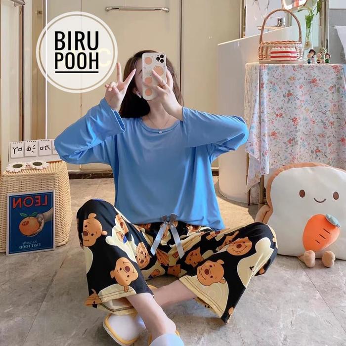 Gambar Baju tidur wanita jumbo LENGAN CELANA panjang / piyama wanita bigsize - BIRU POOH dari Twin.sleepwear undefined Tokopedia