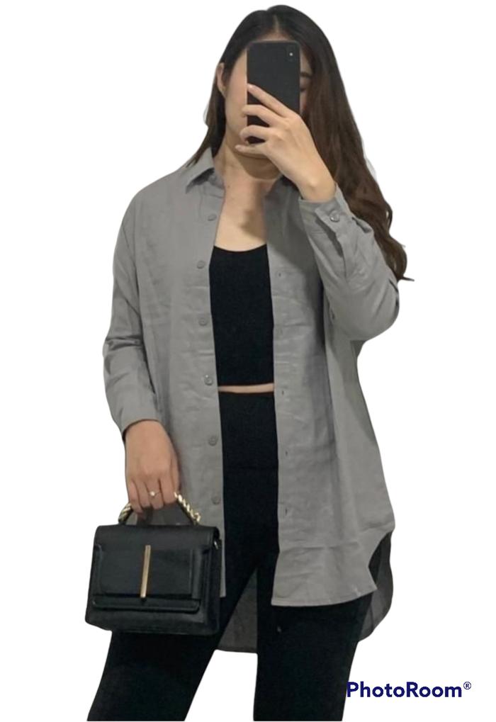 Gambar kemeja atasan wanita linen oversize long pocket fashion 05 - abu muda dari YANSUN2 MARC FASHION undefined Tokopedia