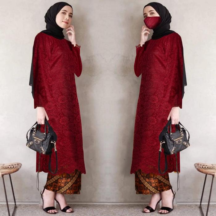 Gambar kebaya brukat jumbo big size set kebaya brukat modern set kebaya batik - maron dari Galery bundayarti undefined Tokopedia