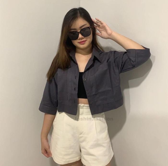 Gambar kemeja atasan wanita crop linen fashion 09 - abu tua dari YANSUN2 MARC FASHION undefined Tokopedia