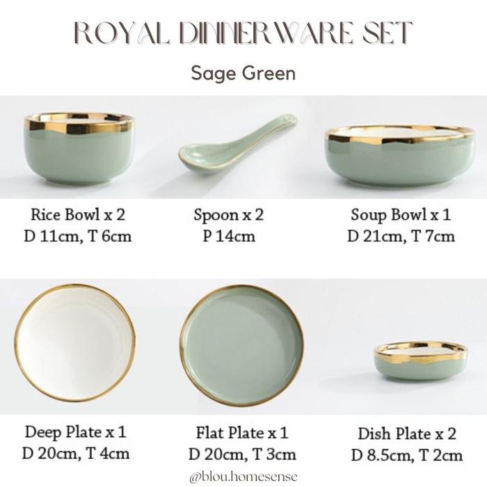 Set Piring Mangkok Makan Gold Rim Mewah Royal Dinnerware Set 9pcs Hijau