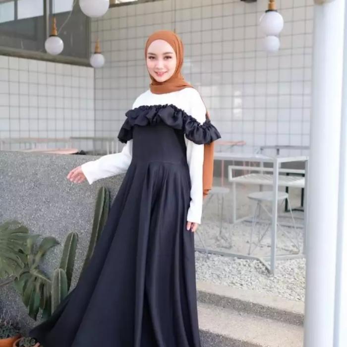 Gambar dress korea bahan shakila premium M-L-Xl gamis wanita terbaru 2022 cod - Hitam, L dari musa fashion bandung undefined Tokopedia