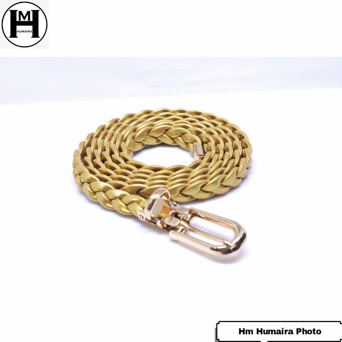 Gambar Ikat Pinggang Wanita Kepang kecil 1cm Belt Anyaman Cewek Model Jarum Kulit PU - Gold, 110cm dari Hm Humaira undefined Tokopedia