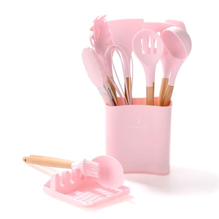 Gambar 13 in 1 Alat Masak Silikon Tahan Panas Pegangan Kayu - Merah Muda dari Cari Disini Shop_NEW undefined Tokopedia