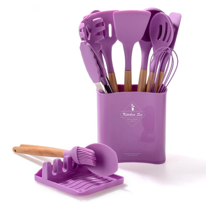 Gambar 13 in 1 Alat Masak Silikon Tahan Panas Pegangan Kayu - Ungu dari Cari Disini Shop_NEW undefined Tokopedia
