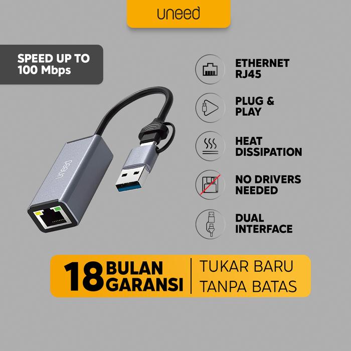 Gambar UNEED Adapter Converter USB A 3.0 - Type C to LAN Ethernet RJ45 - 100Mbps dari Uneed Indonesia undefined Tokopedia
