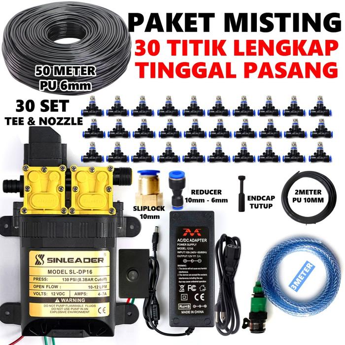 Gambar Paket Misting Kabut 30 titik nozzle sprayer pompa DC 12V Selang 50M dari deliandra undefined Tokopedia