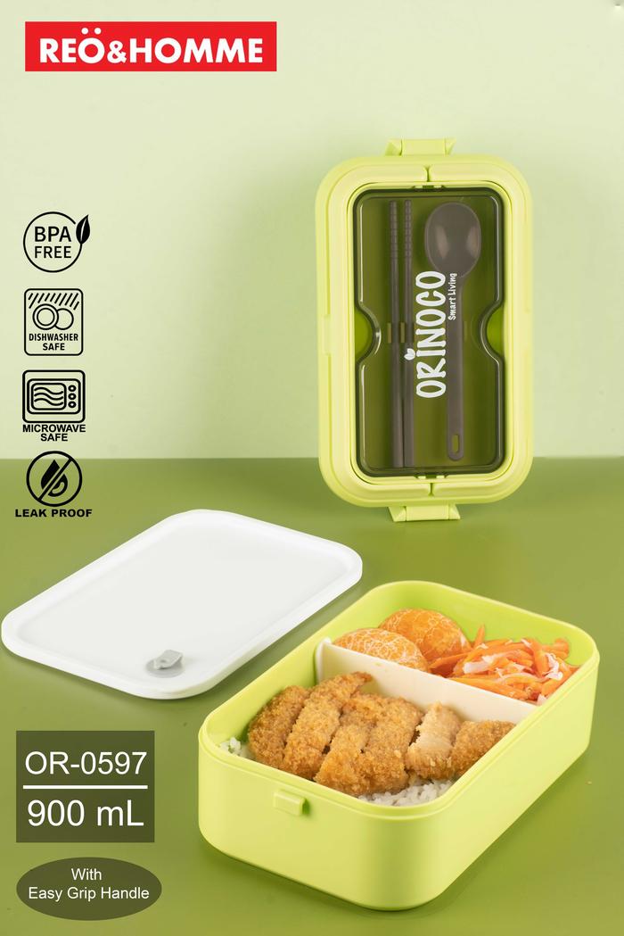 Gambar Kotak Makan 2 Sekat 900ml with Handle Free Sendok Sumpit OR-0597 - Green dari Reo & Homme Living undefined Tokopedia