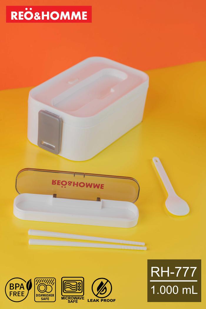 Gambar Reo&Homme Kotak Makan Bento 2 Sekat 1000ml Free Sendok Sumpit RH-777 - White dari Reo & Homme Living undefined Tokopedia