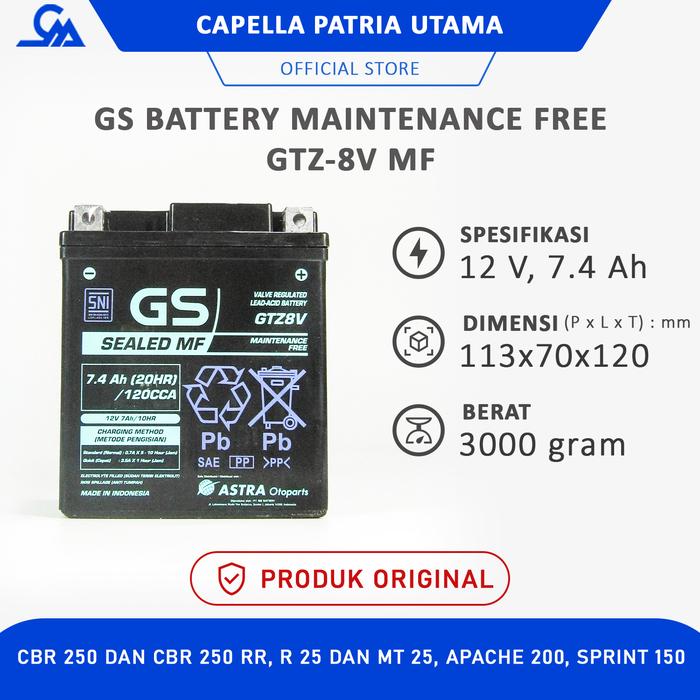 Gambar AKI GS ASTRA GTZ-8V / GTZ8V / GTZ 8V MF CBR 250 R25 MT-25 (DELIVERY) dari Capella Patria Utama undefined Tokopedia