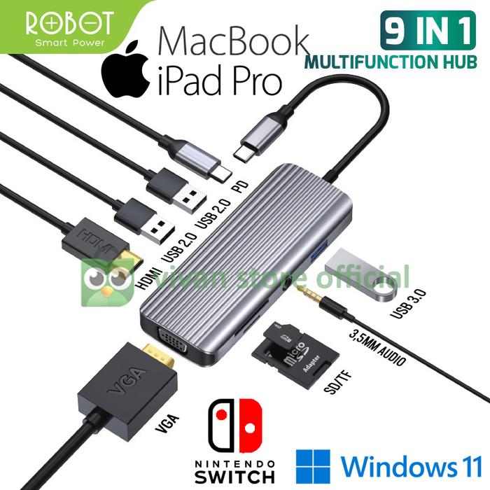 Gambar ROBOT Smart Power Hub 9-in-1 USB C HDMI VGA 3.5mm Card Reader Adapter Multifunction Hub 100% Original Garansi 1 Tahun for  Laptop MacBook iPad Pro Nintendo Switch Legion Go Docking Game - ROBOT HT590 dari VIVAN SHOP Authorized Store undefined Tokopedia