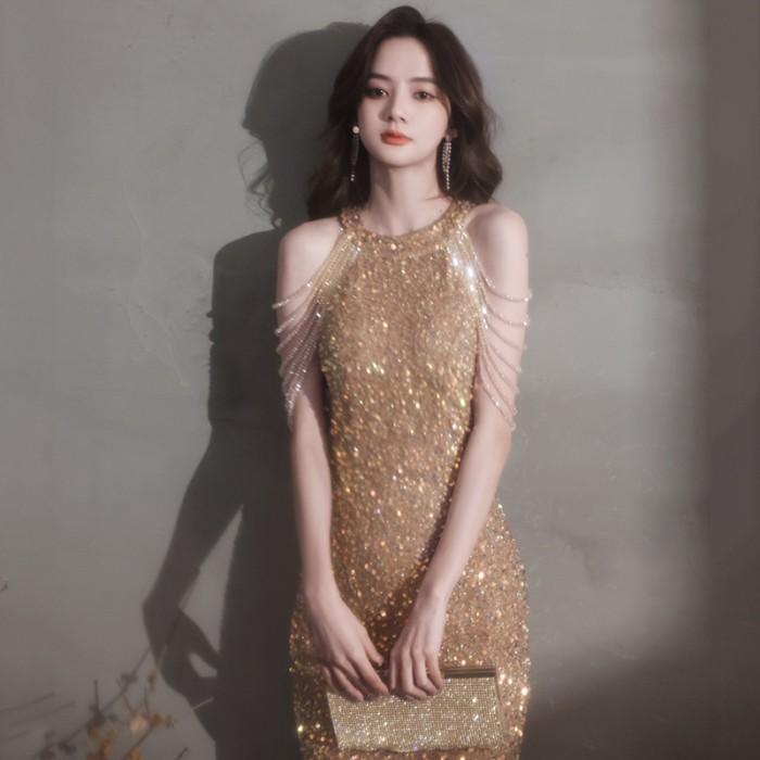 Gambar Weaving Love Gaun Mini Elegant Women's Annual Meeting Dress - champagne gold, S dari Weaving Love undefined Tokopedia