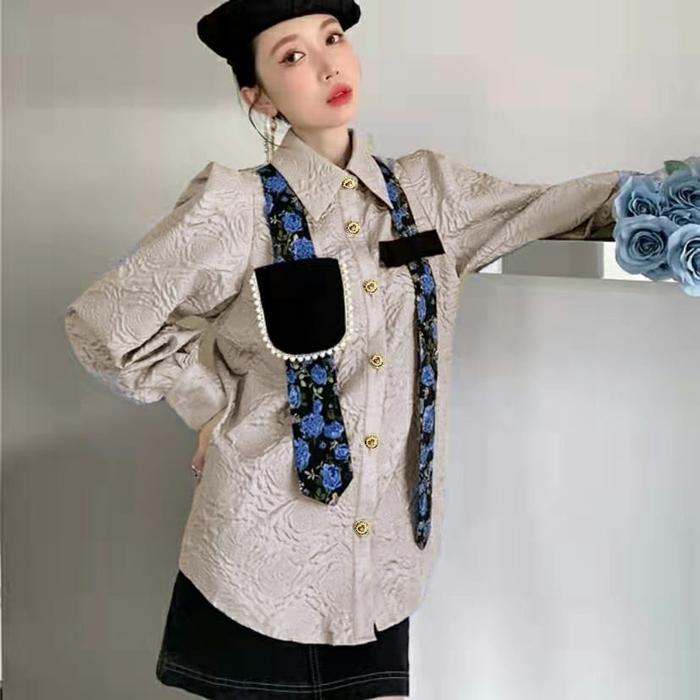 Gambar MOZRE Atasan Kemeja Jacquard Import/Kemeja Dasi Bunga Fashion Korea - Mocca dari Dewi Id undefined Tokopedia