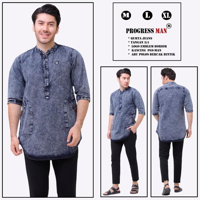 Gambar qurta pria biru muda koko kurta jeans lengan pendek 3/4 pakistan - abu, XL dari GAYA KOE undefined Tokopedia