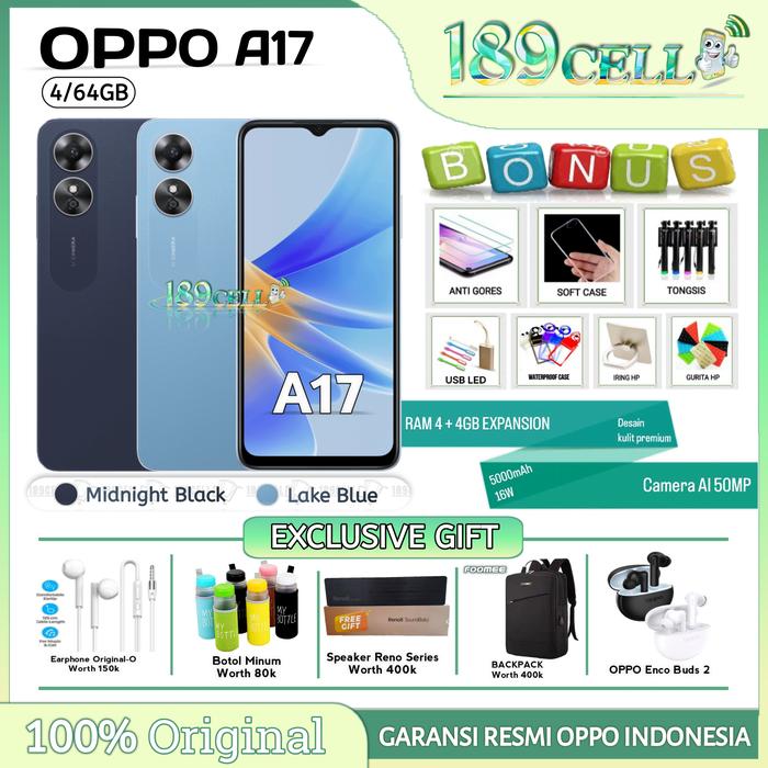 Gambar OPPO A17 4/64 GB RAM 4+4 GB Expansion A 17 3/32 GB GARANSI RESMI OPPO - A18 4/128 BLACK, BNS7 + TAS ORI dari 189 CELL undefined Tokopedia