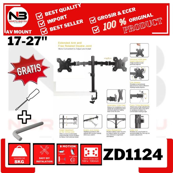Gambar braket bracket monitor dual monitor clamp & grommet 17-27 inch rotate - DUAL MONITOR dari NORTH BAYOU AV MOUNT undefined Tokopedia