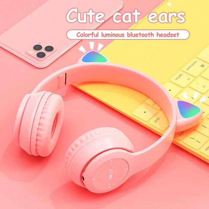 Gambar Headphone Bluetooth Anak Perempuan Headset Cat Ear Kucing Pink - Biru dari Mtb import undefined Tokopedia