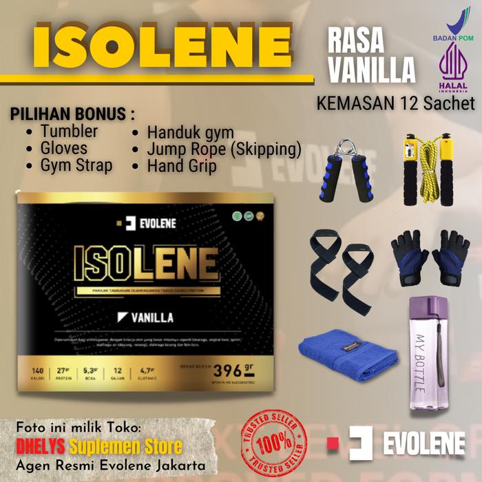 Gambar Evolene Isolene Vanilla Whey Protein Isolate Susu Protein 12 Sachet - Free Gym Strap dari Dhelys Suplemen Store undefined Tokopedia