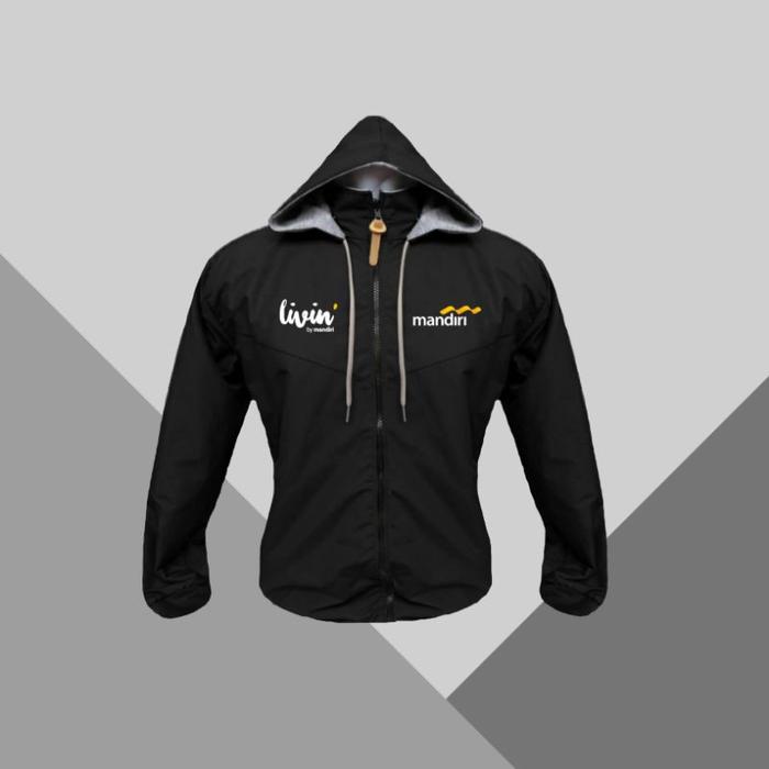 Gambar jaket parasut logo livin by mandiri waterproof anti air free topi - Hitam, L dari faiziolshop undefined Tokopedia