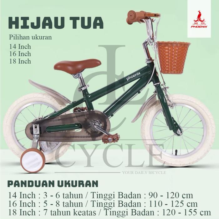 Gambar [READY] Sepeda Anak Roda Empat Phoenix Vintage - 14, 16 dan 18 Inch - Hijau, 14 Inch dari CL CYCLE undefined Tokopedia