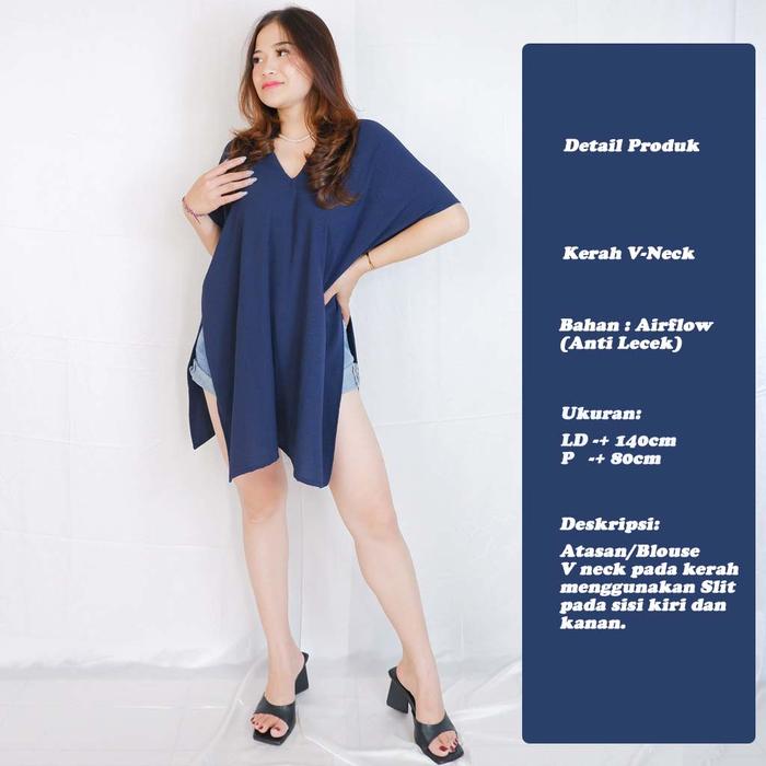 Gambar Blouse V Neck Long Top Square Airflow Atasan Wanita Casual - Navy dari simple.daily undefined Tokopedia