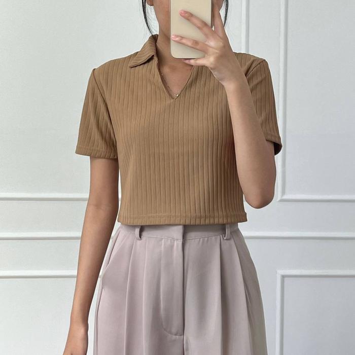 Gambar Kaos Crop Wanita Lengan Pendek Lily Top Polo Knit Rib Basic Kekinian - Camel dari Klay Shop 25 undefined Tokopedia