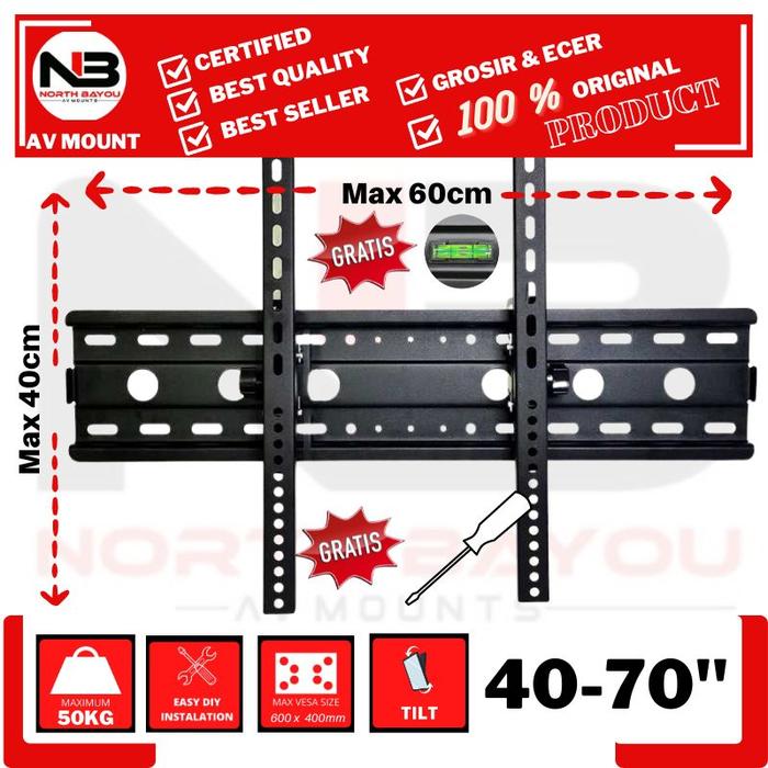 Gambar Super premium bracket tv 85 80 77 75 70 65 60 58 55 50 inch load 80kgs - 40 - 70 INCH, SHARP/HISENSE dari NORTH BAYOU AV MOUNT undefined Tokopedia