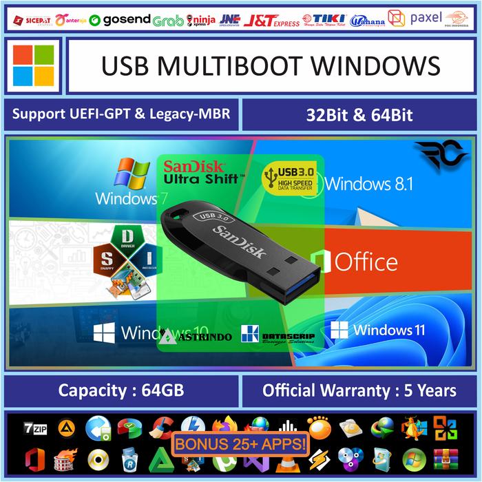 Gambar FLASHDISK MULTIBOOT WIN 7 8.1 10 11 BOOTABLE INSTALLER 64GB USB 3.0 - 2019 Pro Plus dari The Rizqi Corner undefined Tokopedia