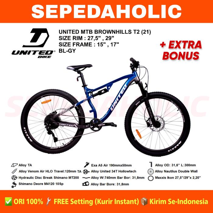 Gambar Sepeda Gunung MTB UNITED BROWNHILLS T2 Alloy 27.5" 29" Inch 10 Speed - BL GY, Size 27.5"/ 15" dari Sepedaholic undefined Tokopedia