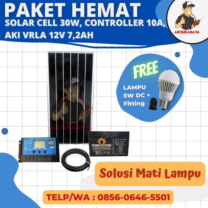 Jual PAKET PLTS 30WP CONTROLLER 10A AKI VRLA 12v 7,2Ah FREE LAMPU 5 ...